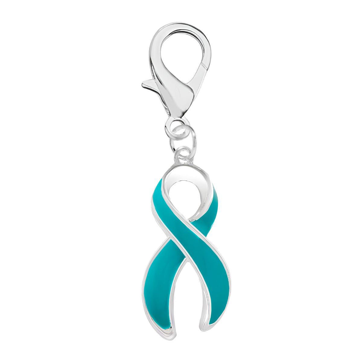 A silver-toned awareness ribbon charm with bright turquoise enamel, attached to a lobster clasp, shown on a plain white background.