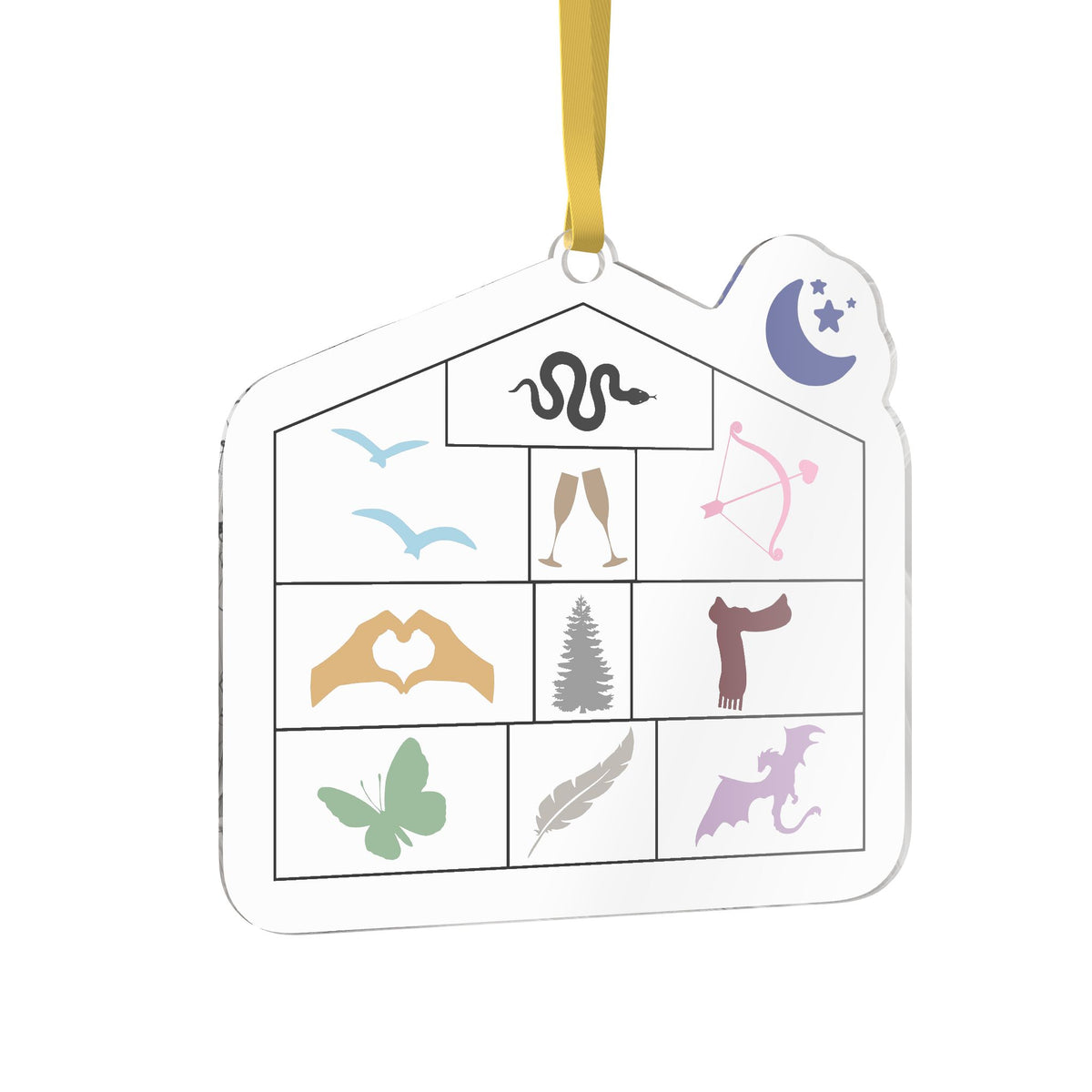 A white acrylic Christmas ornament shaped like a house, featuring a 3x3 grid of winter and nature-themed icons including a snake, birds, champagne glasses, bow and arrow, hands forming a heart, a tree, a scarf, a butterfly, a feather, and a dragon. It has a yellow hanging ribbon and a small crescent moon and stars detail on the top right.