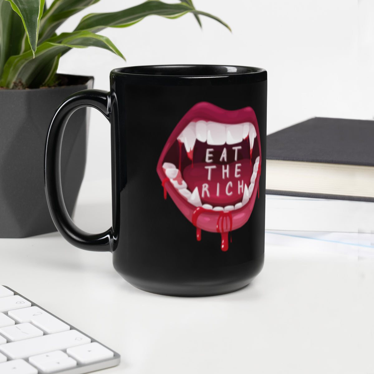 Eat the Rich Vampire Fangs Black Glossy Mug | Funny Activist Anti-Capitalist Gift - Spinsterly Co