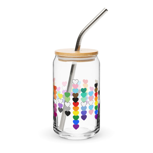 LGBTQIA+ Pride Rainbow Hearts Can-Shaped Glass Tumbler | Inclusive Pride Gift 16 oz - Spinsterly Co