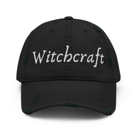 Witchcraft Distressed Dad Hat | Embroidered Witchy Script Black Cotton Cap - Spinsterly Co