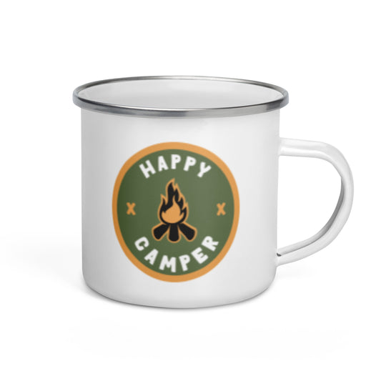 Happy Camper Enamel Mug | Retro Campfire Badge - Spinsterly Co
