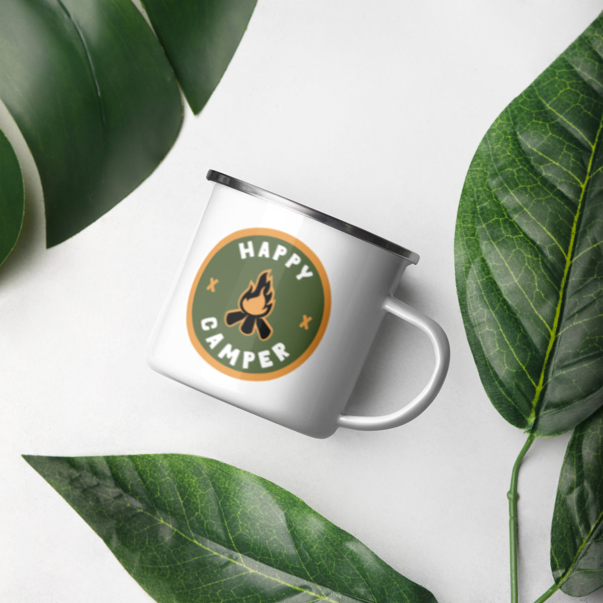 Happy Camper Enamel Mug | Retro Campfire Badge - Spinsterly Co