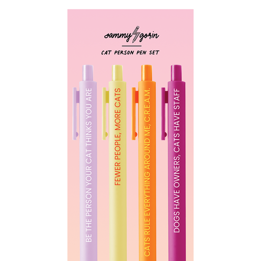 Set of four pens with humorous text on a pink background, featuring the brand 'Sammy Figorin'.