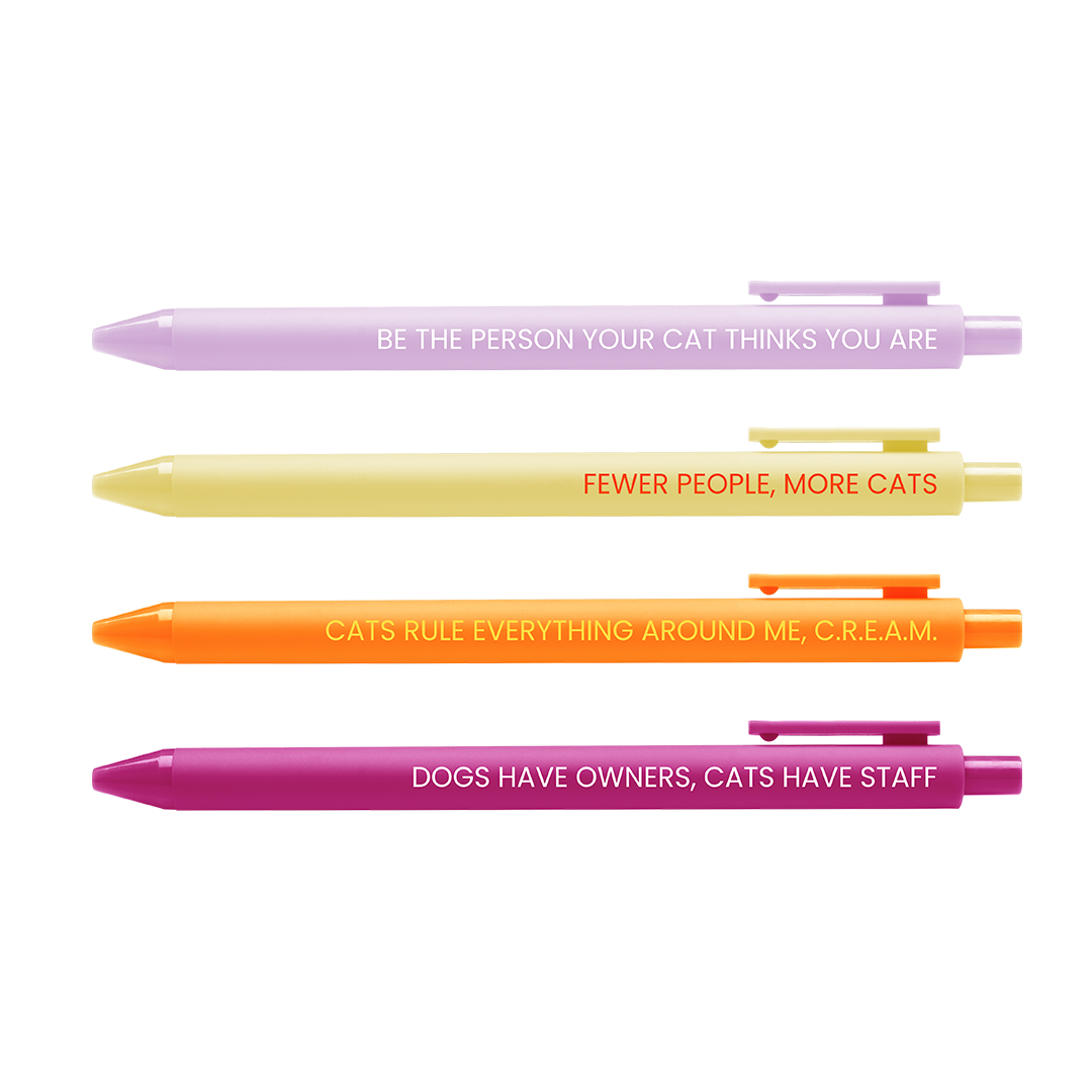 Four pens with humorous quotes on a white background