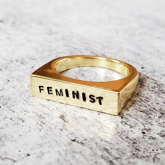 Feminist Ring | Hand Stamped Flat Top Band | Gold Plated, Gold Vermeil & Sterling Silver | Custom Text - Spinsterly Co
