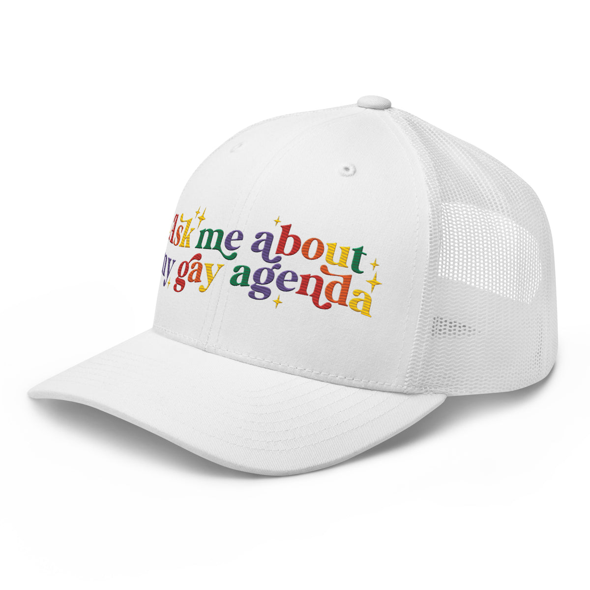Ask Me About My Gay Agenda Trucker Hat | LGBTQIA+ Pride Cap - Spinsterly Co