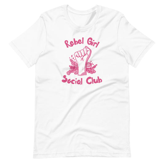 Rebel Girl Social Club T-Shirt | Feminist Raised Fist Pink Graphic Tee - Spinsterly Co