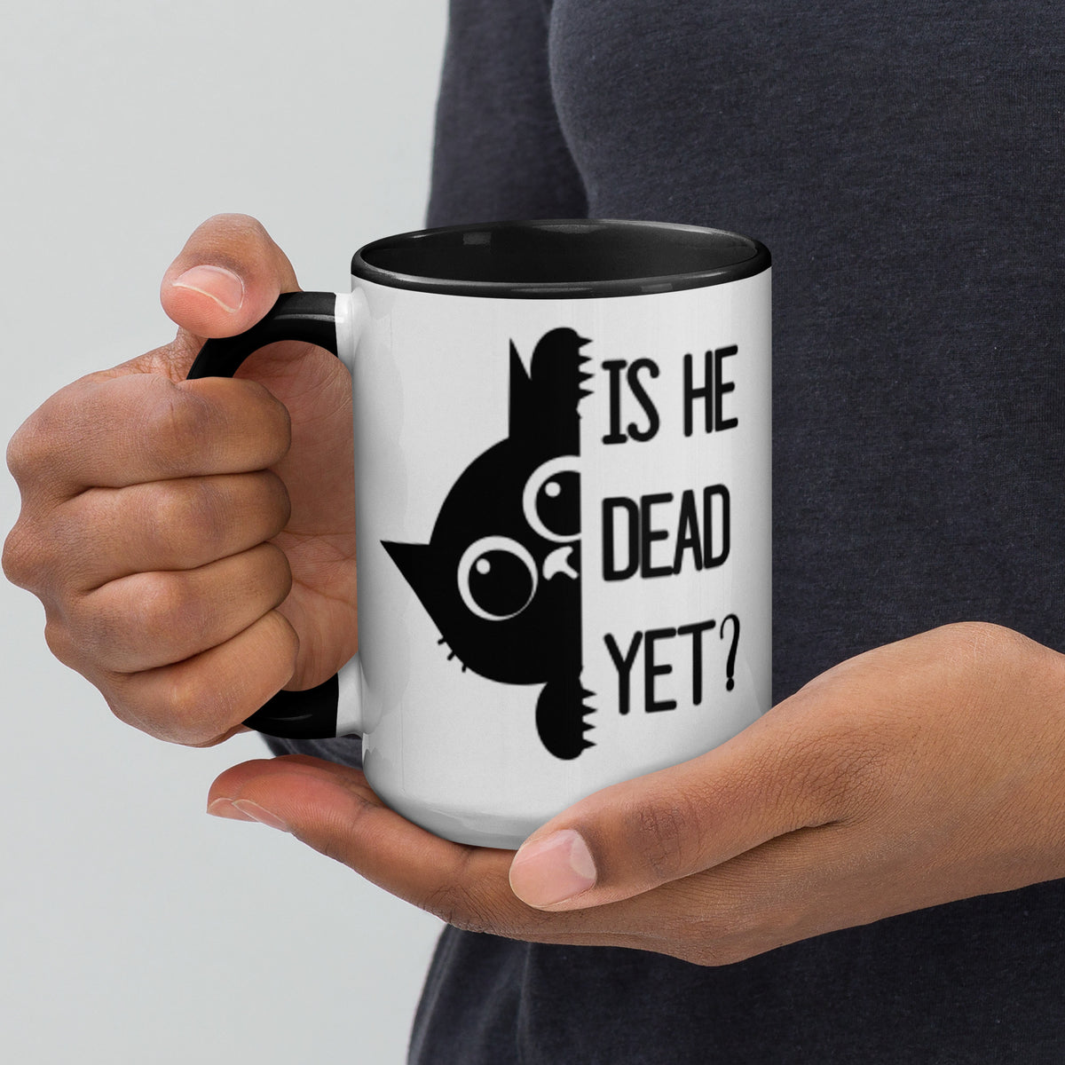 Is He Dead Yet Black Cat Accent Coffee Mug | Funny Dark Humor Political Gift - Spinsterly Co
