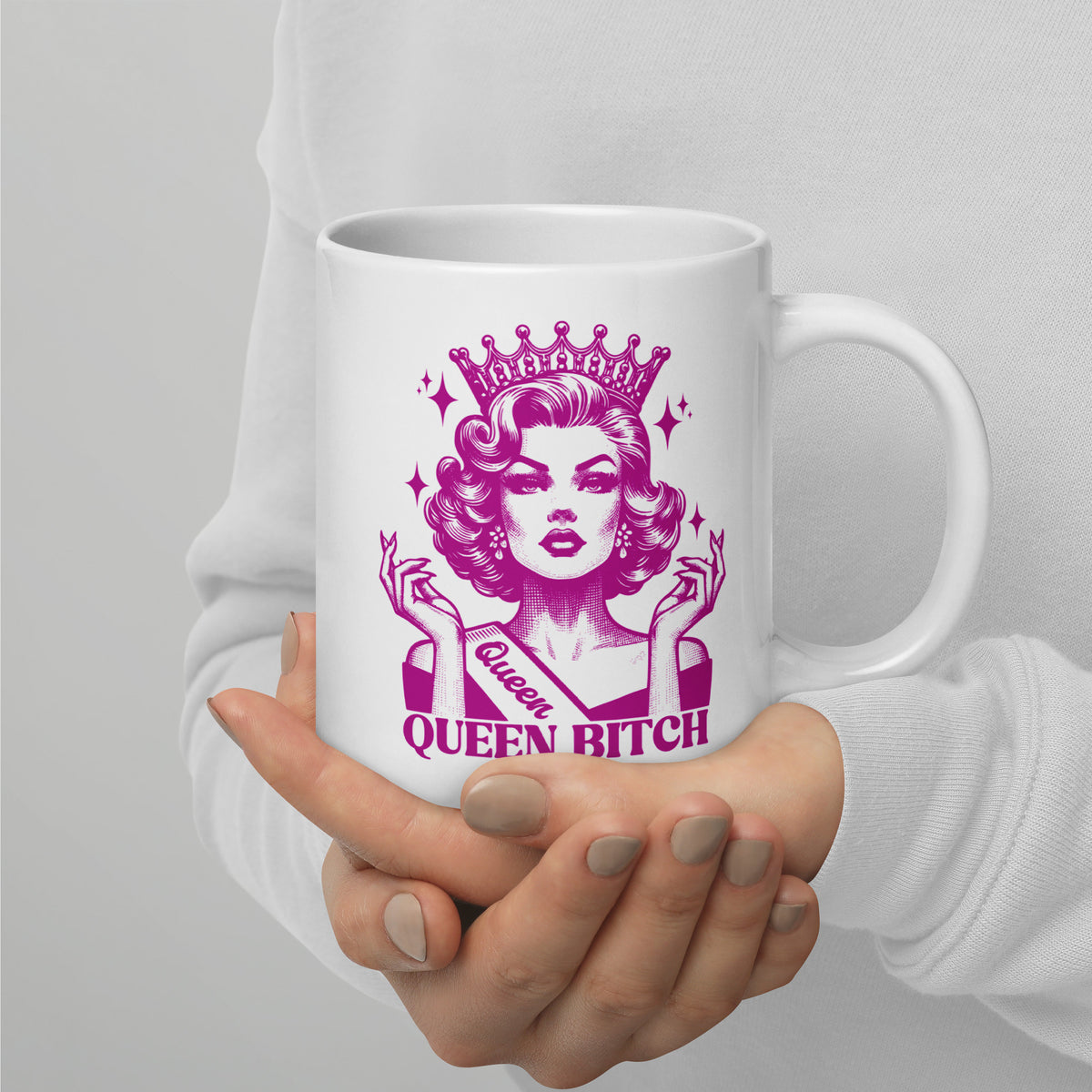 Queen Bitch White Glossy Coffee Mug | Crowned Retro Queen Pink Illustration - Spinsterly Co