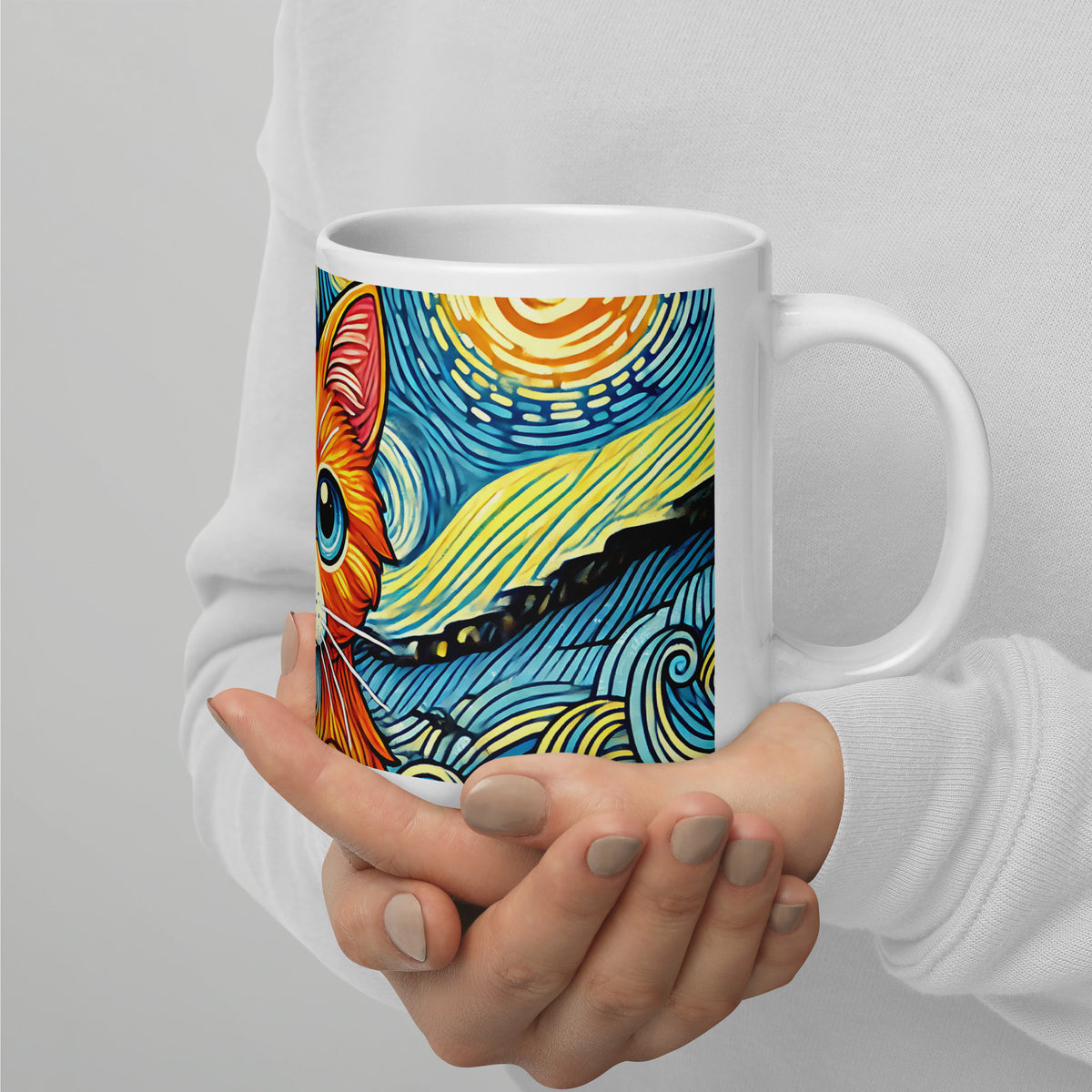 Starry Night Cat Glossy White Coffee Mug | Art Lover Cat Gift - Spinsterly Co