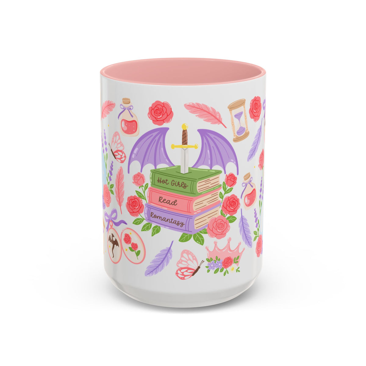 Hot Girls Read Romantasy Accent Coffee Mug | Dragon Wings Books Pink Floral - Spinsterly Co
