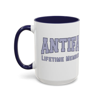 Antifa Lifetime Member Accent Coffee Mug | Anti-Fascist Collegiate Navy Mug - Spinsterly Co