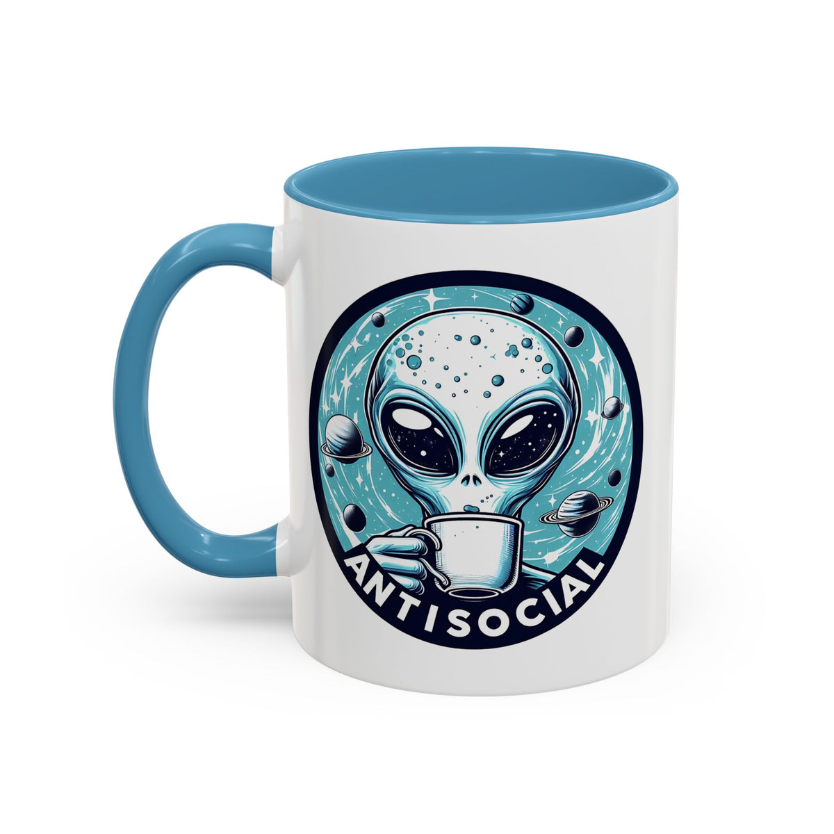 Antisocial Alien Coffee Retro Space Badge Accent Mug | Funny Introvert Gift - Spinsterly Co