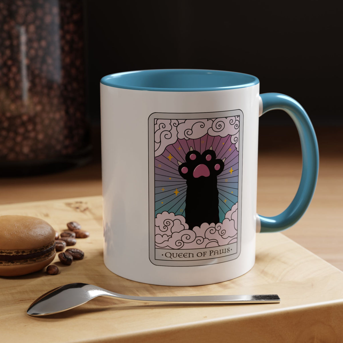Queen of Paws Accent Coffee Mug | Tarot Cat Mug with Blue Interior - Spinsterly Co