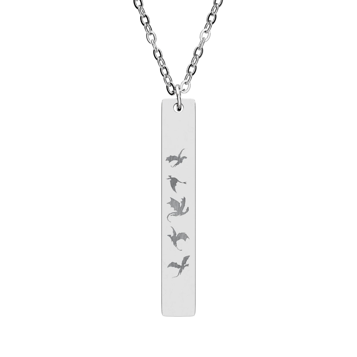 Five Dragons in Flight Engraved Vertical Bar Necklace | Fantasy Dragon Rider Jewelry Gift - Spinsterly Co