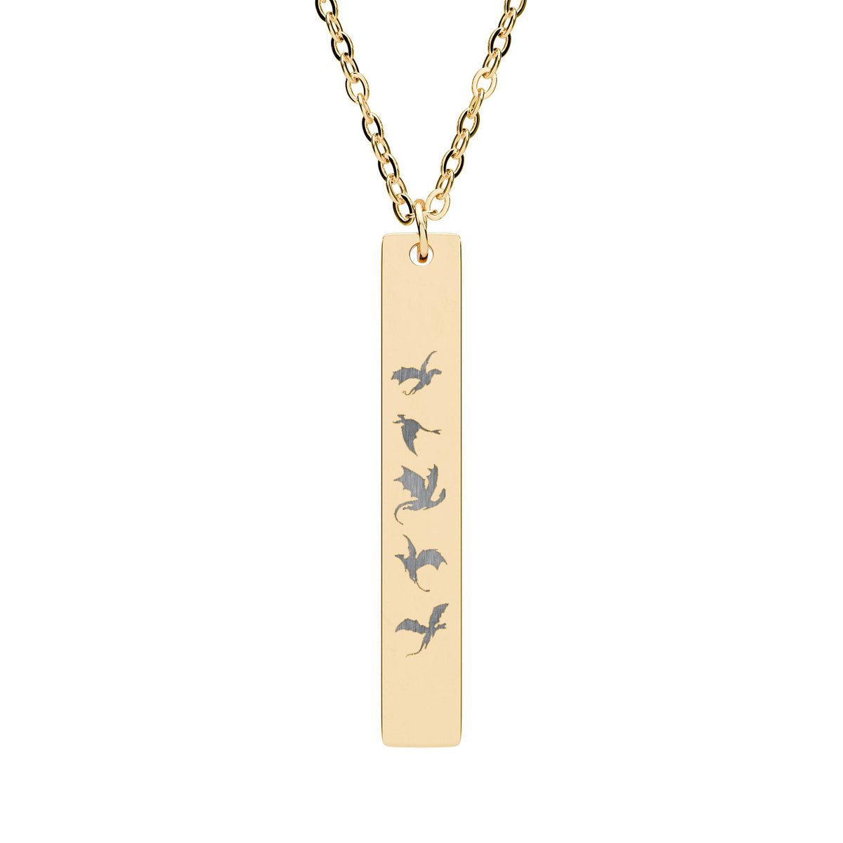 Five Dragons in Flight Engraved Vertical Bar Necklace | Fantasy Dragon Rider Jewelry Gift - Spinsterly Co
