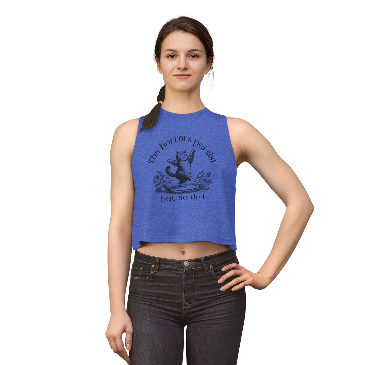 The Horrors Persist But So Do I Crop Top | Funny Cat Graphic Women's Cropped Tank | S–2XL - Spinsterly Co