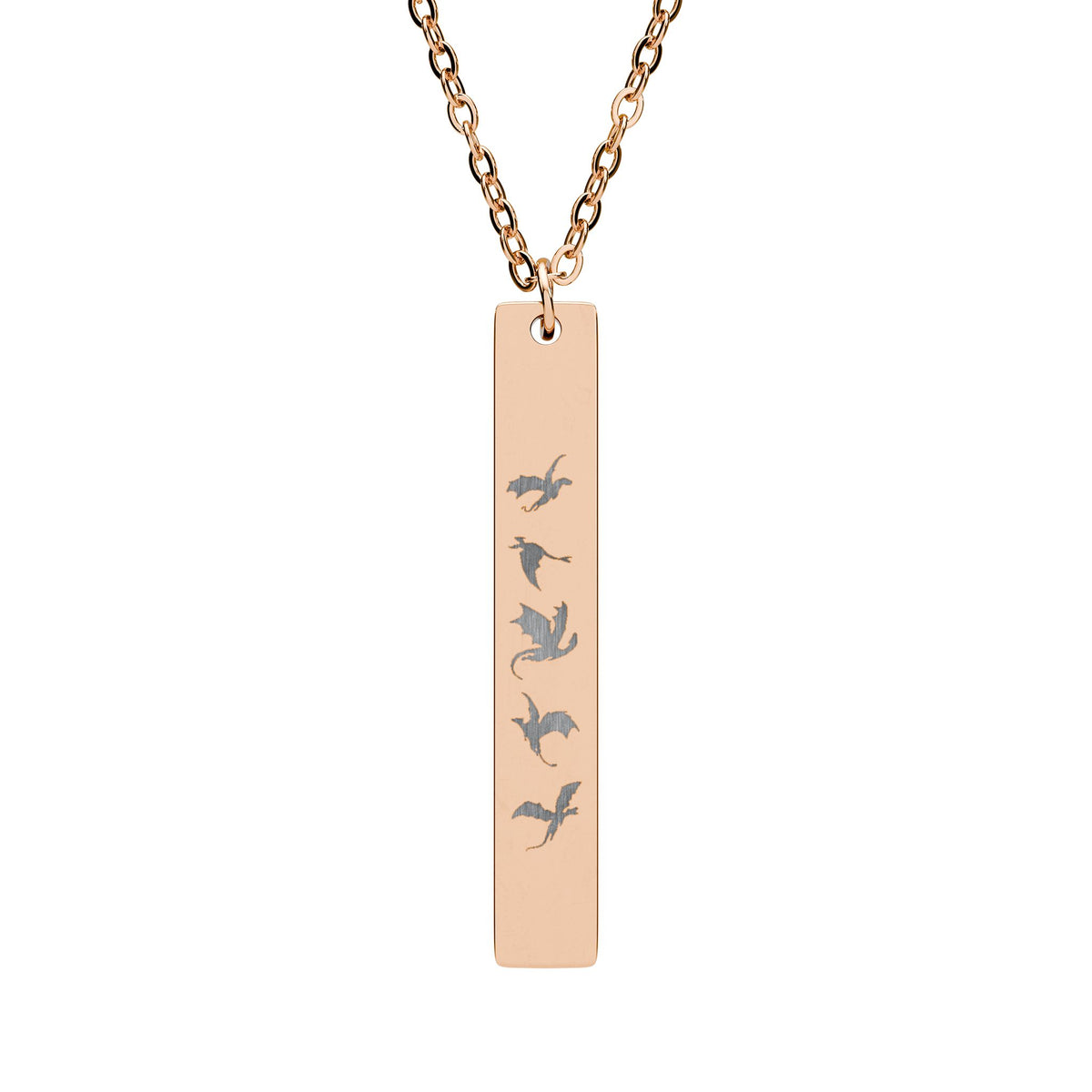 Five Dragons in Flight Engraved Vertical Bar Necklace | Fantasy Dragon Rider Jewelry Gift - Spinsterly Co