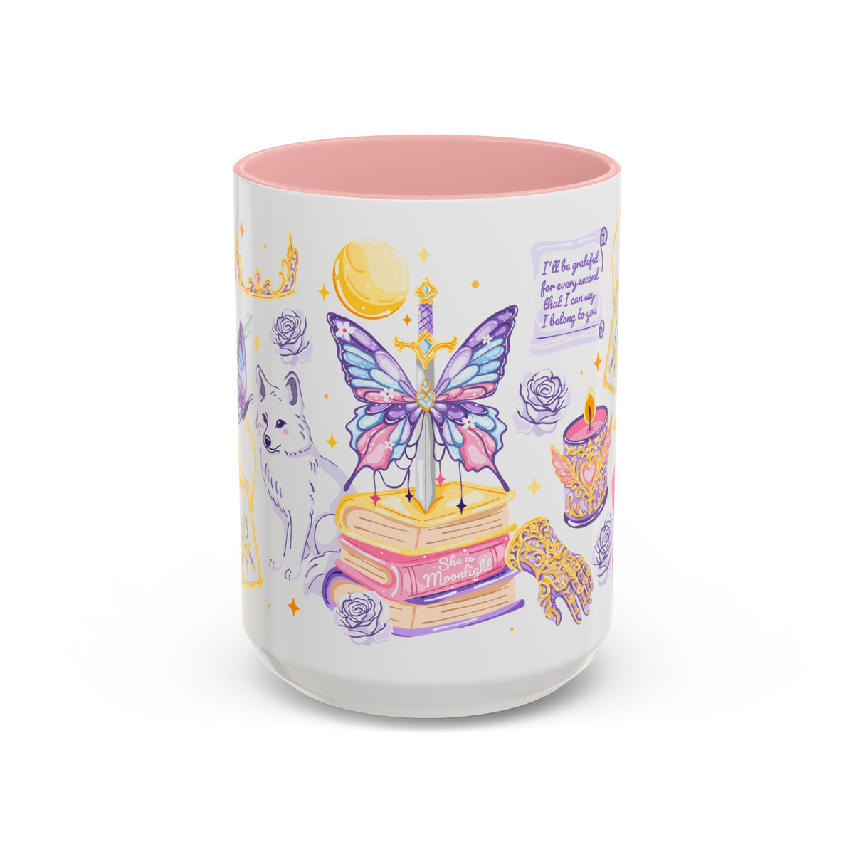 She Is Moonlight Fae Romantasy Collage Accent Coffee Mug | Bookish Wolf Crown Gift - Spinsterly Co