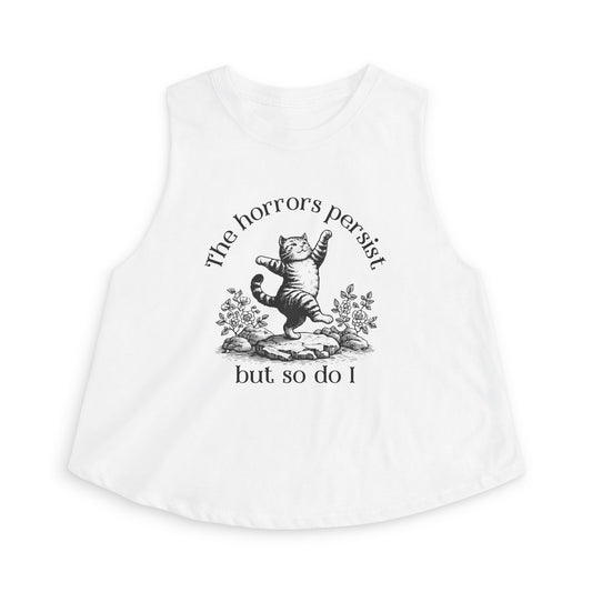 The Horrors Persist But So Do I Crop Top | Funny Cat Graphic Women's Cropped Tank | S–2XL - Spinsterly Co