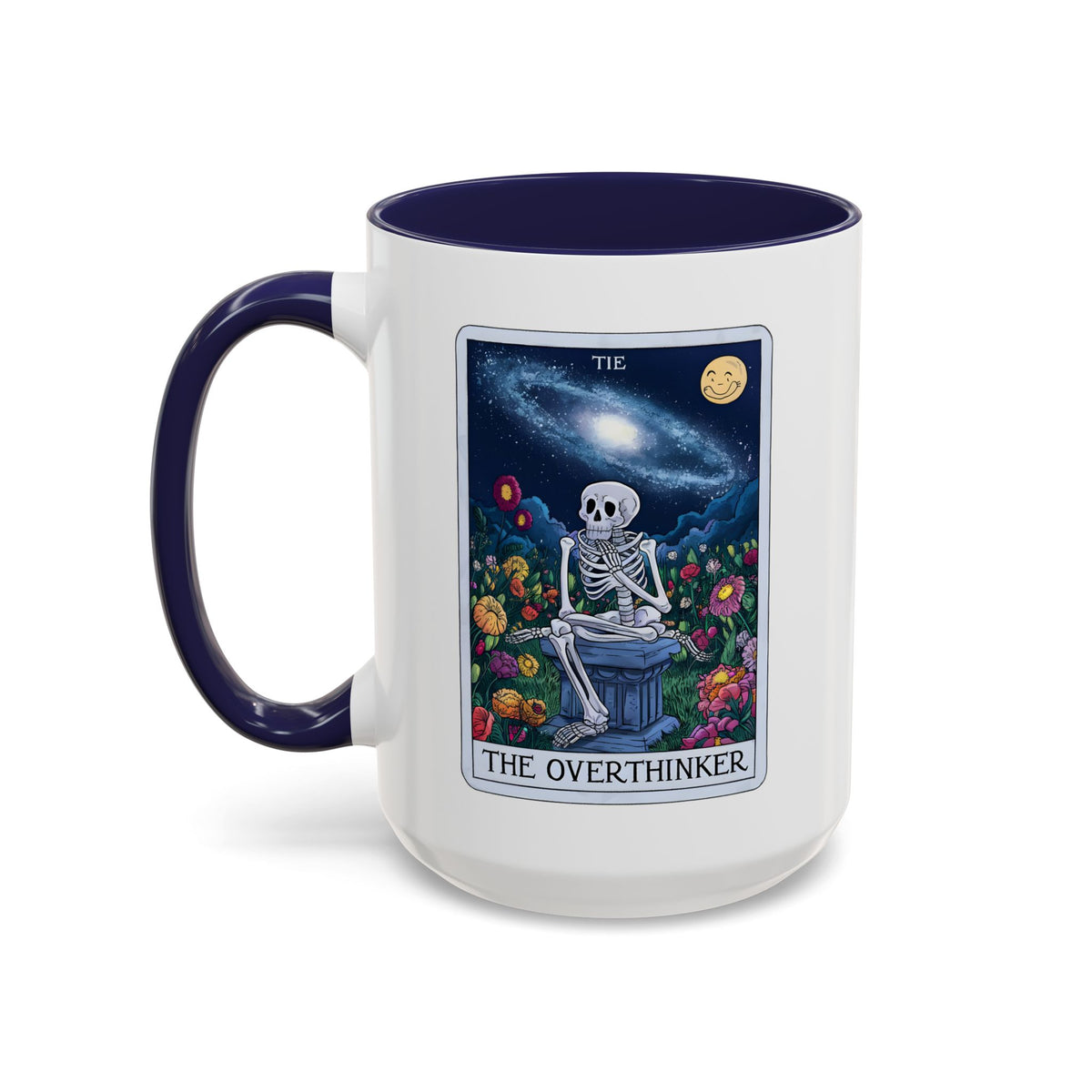 The Overthinker Tarot Card Accent Coffee Mug | Skeleton Floral Dark Academia Navy - Spinsterly Co