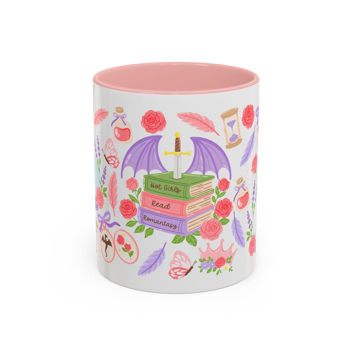 Hot Girls Read Romantasy Accent Coffee Mug | Dragon Wings Books Pink Floral - Spinsterly Co