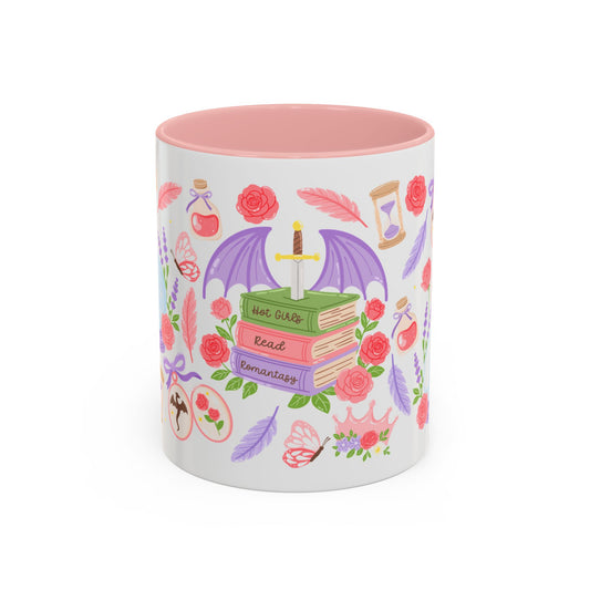 Hot Girls Read Romantasy Accent Coffee Mug | Dragon Wings Books Pink Floral - Spinsterly Co