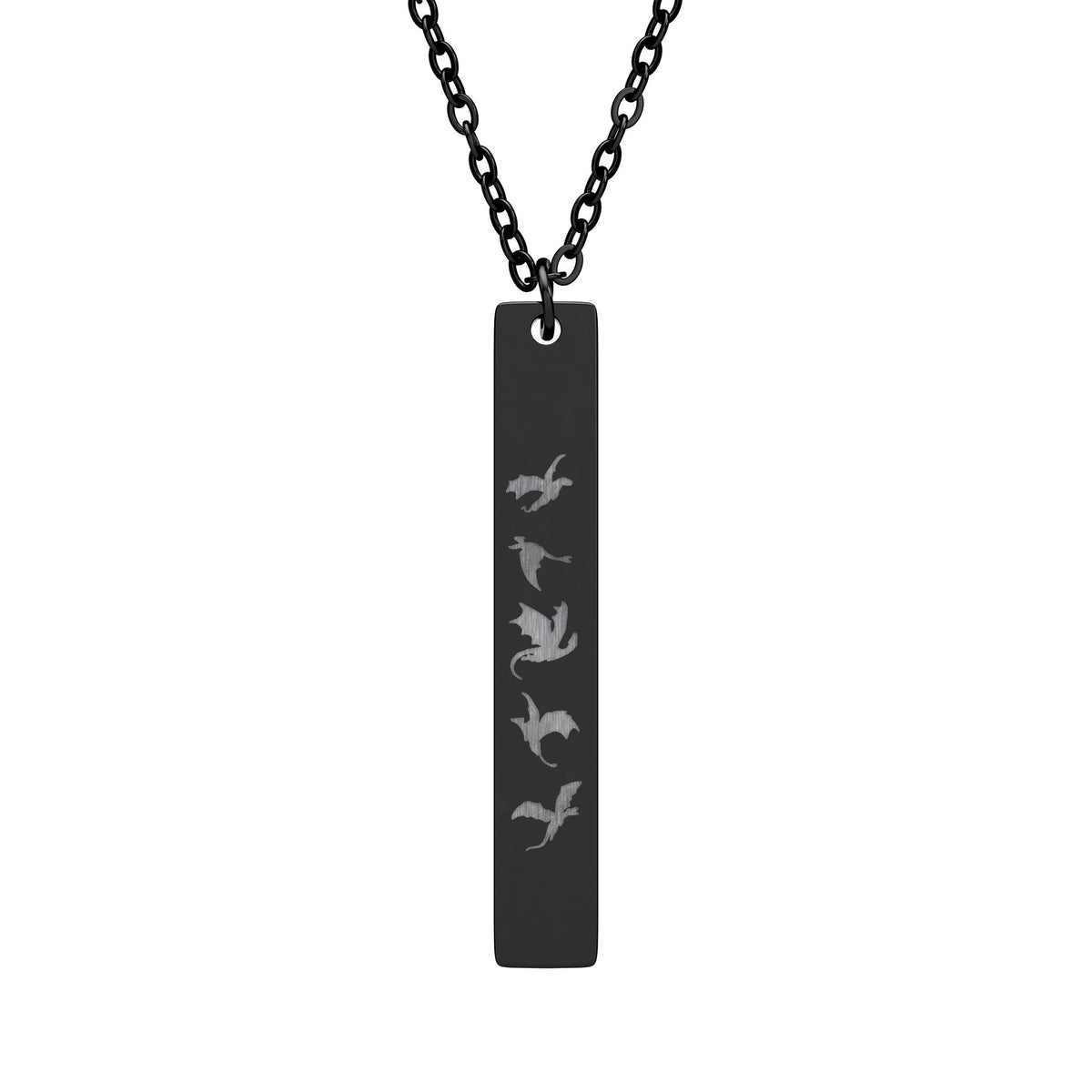 Five Dragons in Flight Engraved Vertical Bar Necklace | Fantasy Dragon Rider Jewelry Gift - Spinsterly Co