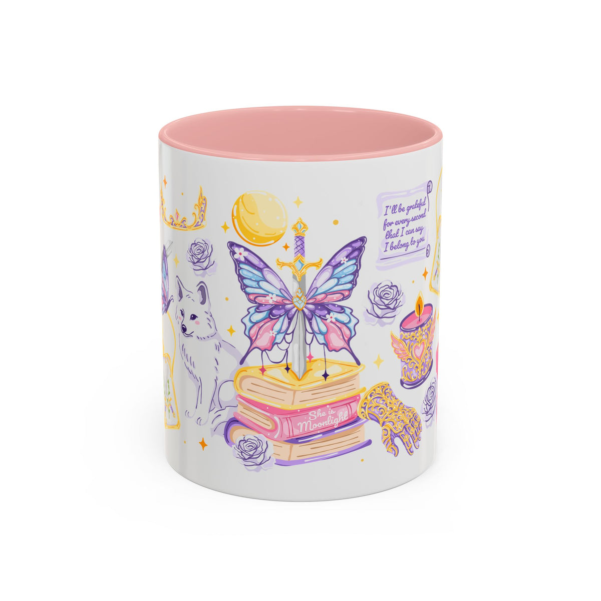 She Is Moonlight Fae Romantasy Collage Accent Coffee Mug | Bookish Wolf Crown Gift - Spinsterly Co