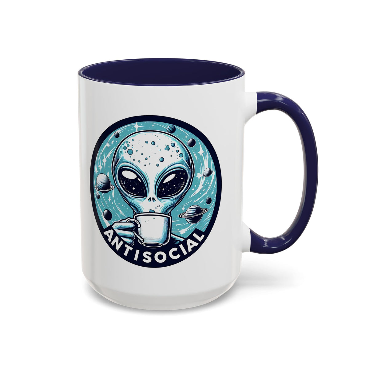 Antisocial Alien Coffee Retro Space Badge Accent Mug | Funny Introvert Gift - Spinsterly Co