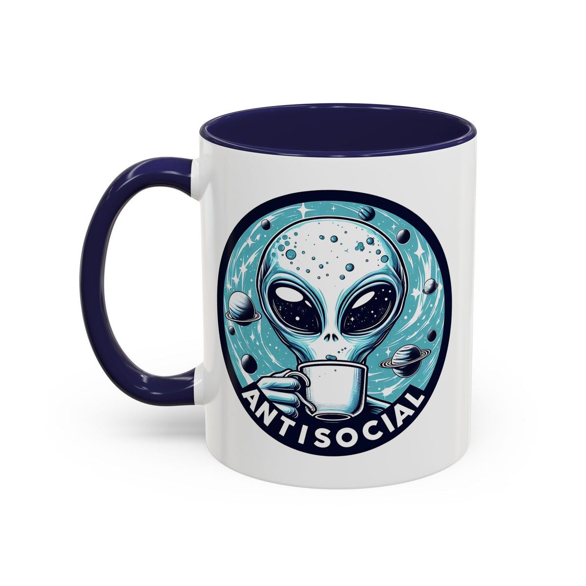 Antisocial Alien Coffee Retro Space Badge Accent Mug | Funny Introvert Gift - Spinsterly Co