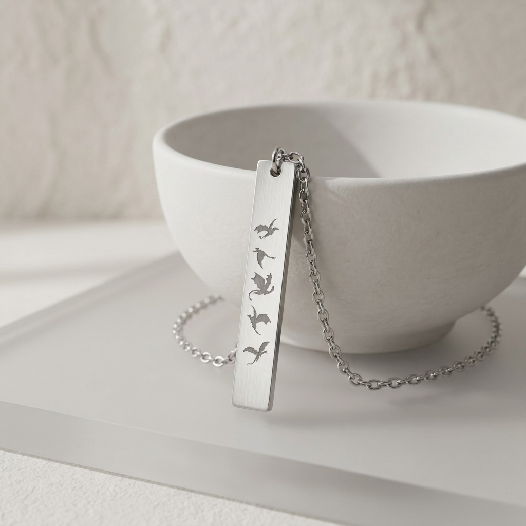 Five Dragons in Flight Engraved Vertical Bar Necklace | Fantasy Dragon Rider Jewelry Gift - Spinsterly Co