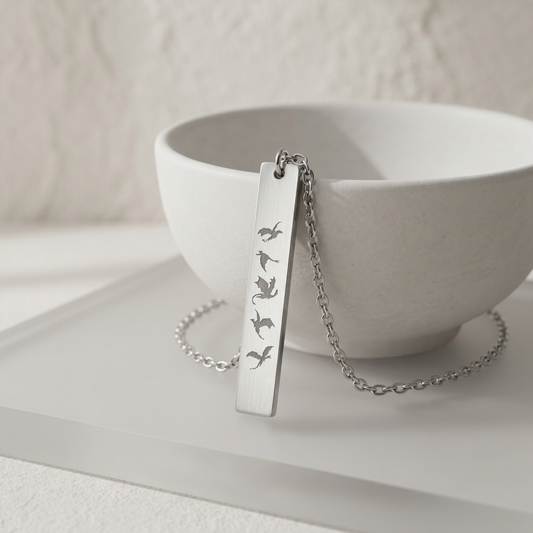 Five Dragons in Flight Engraved Vertical Bar Necklace | Fantasy Dragon Rider Jewelry Gift - Spinsterly Co
