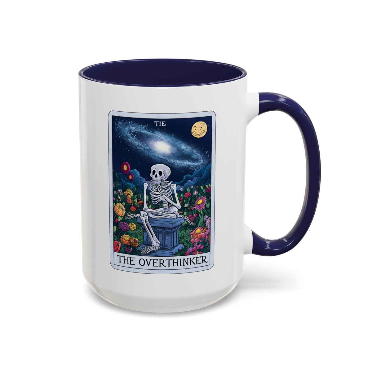 The Overthinker Tarot Card Accent Coffee Mug | Skeleton Floral Dark Academia Navy - Spinsterly Co