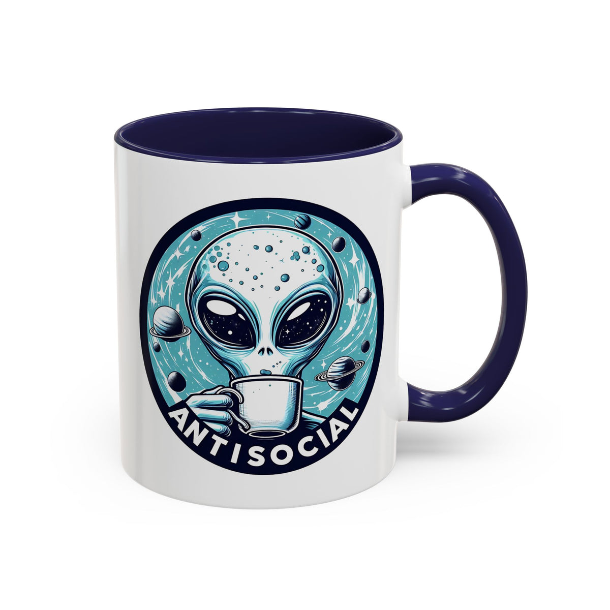 Antisocial Alien Coffee Retro Space Badge Accent Mug | Funny Introvert Gift - Spinsterly Co