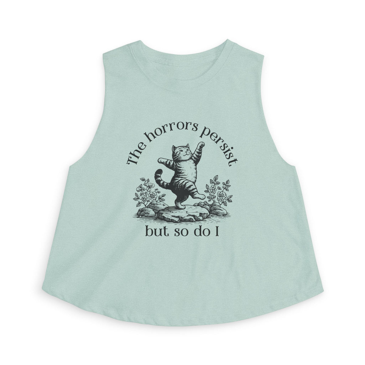 The Horrors Persist But So Do I Crop Top | Funny Cat Graphic Women's Cropped Tank | S–2XL - Spinsterly Co