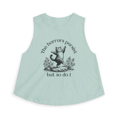 The Horrors Persist But So Do I Crop Top | Funny Cat Graphic Women's Cropped Tank | S–2XL - Spinsterly Co