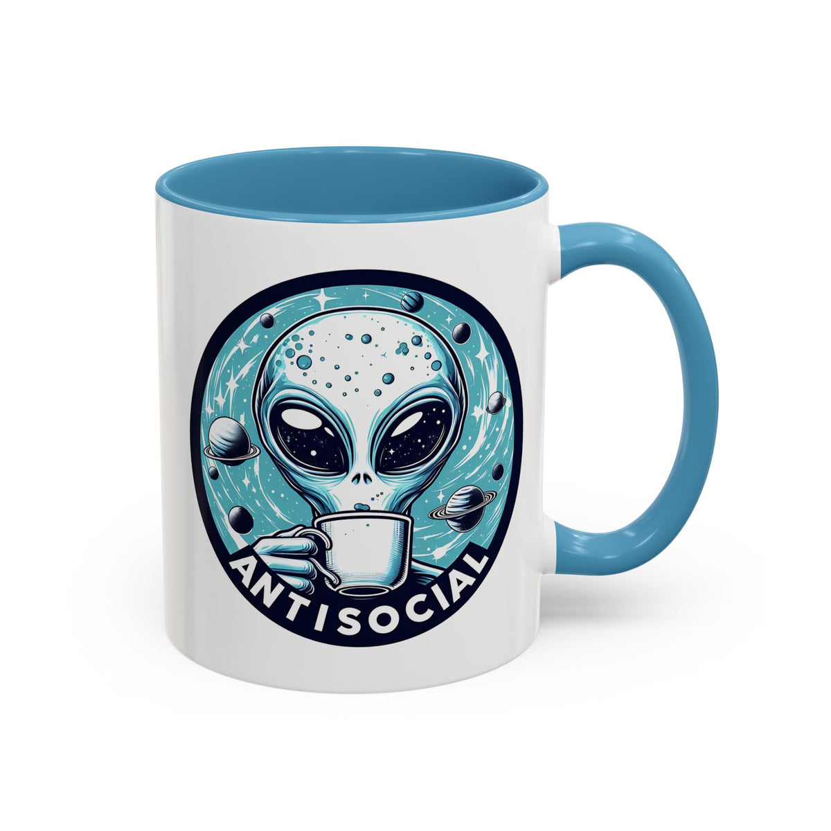 Antisocial Alien Coffee Retro Space Badge Accent Mug | Funny Introvert Gift - Spinsterly Co