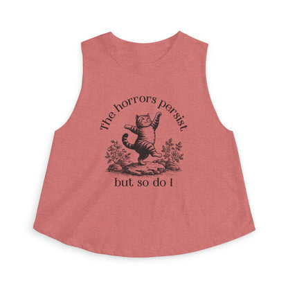 The Horrors Persist But So Do I Crop Top | Funny Cat Graphic Women's Cropped Tank | S–2XL - Spinsterly Co