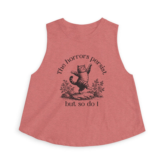 The Horrors Persist But So Do I Crop Top | Funny Cat Graphic Women's Cropped Tank | S–2XL - Spinsterly Co