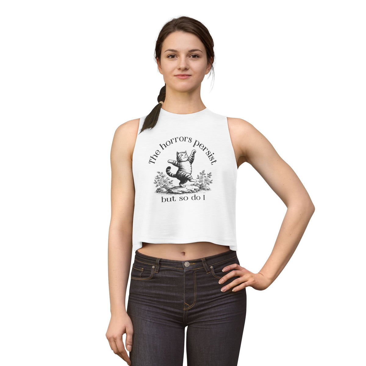 The Horrors Persist But So Do I Crop Top | Funny Cat Graphic Women's Cropped Tank | S–2XL - Spinsterly Co