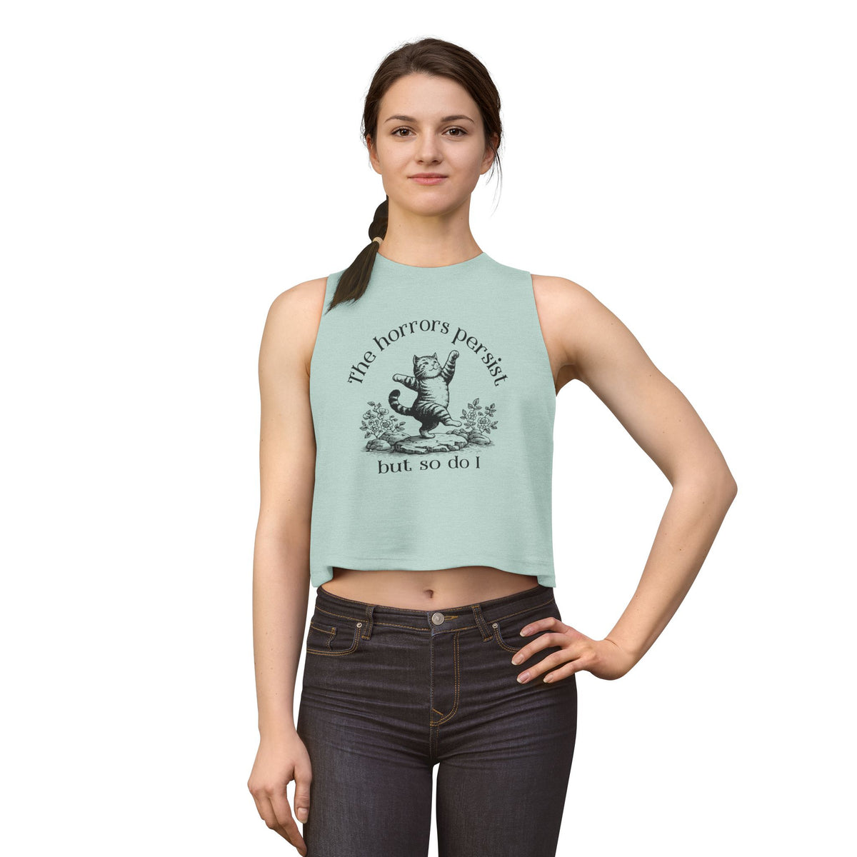 The Horrors Persist But So Do I Crop Top | Funny Cat Graphic Women's Cropped Tank | S–2XL - Spinsterly Co