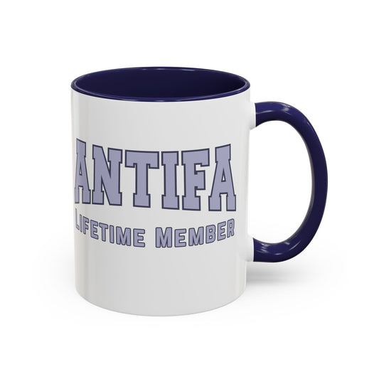 Antifa Lifetime Member Accent Coffee Mug | Anti-Fascist Collegiate Navy Mug - Spinsterly Co