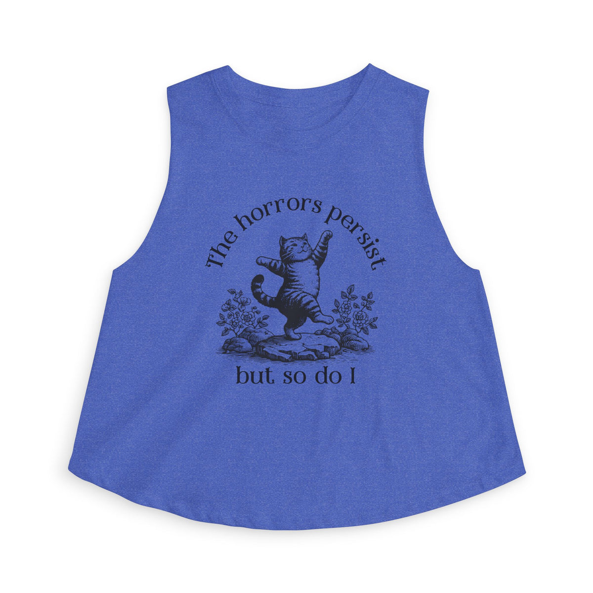 The Horrors Persist But So Do I Crop Top | Funny Cat Graphic Women's Cropped Tank | S–2XL - Spinsterly Co