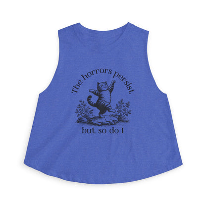 The Horrors Persist But So Do I Crop Top | Funny Cat Graphic Women's Cropped Tank | S–2XL - Spinsterly Co