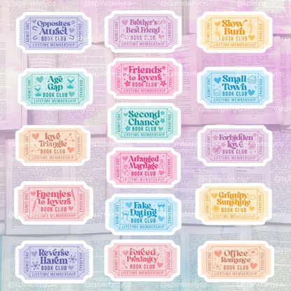 Romance Book Trope Stickers | Lifetime Member Book Club Ticket Sticker Pack - Spinsterly Co