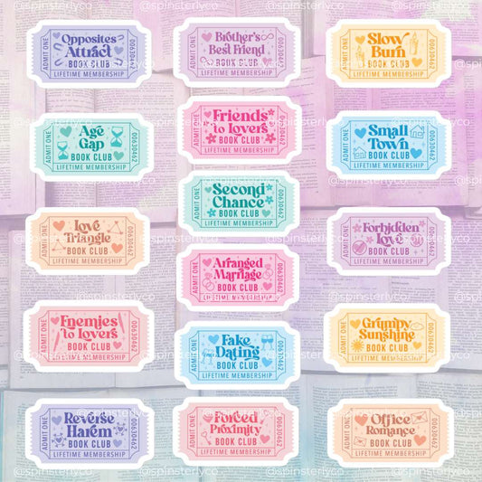 Romance Book Trope Stickers | Lifetime Member Book Club Ticket Sticker Pack - Spinsterly Co