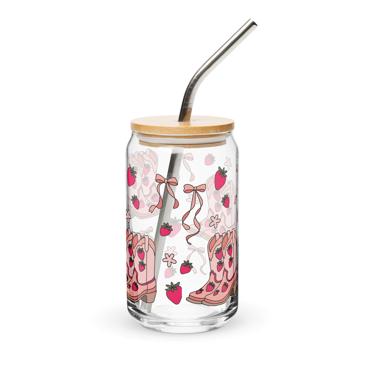 Coquette Cowgirl Strawberry Can Glass Tumbler | Pink Boots & Bows Iced Coffee Cup - Spinsterly Co