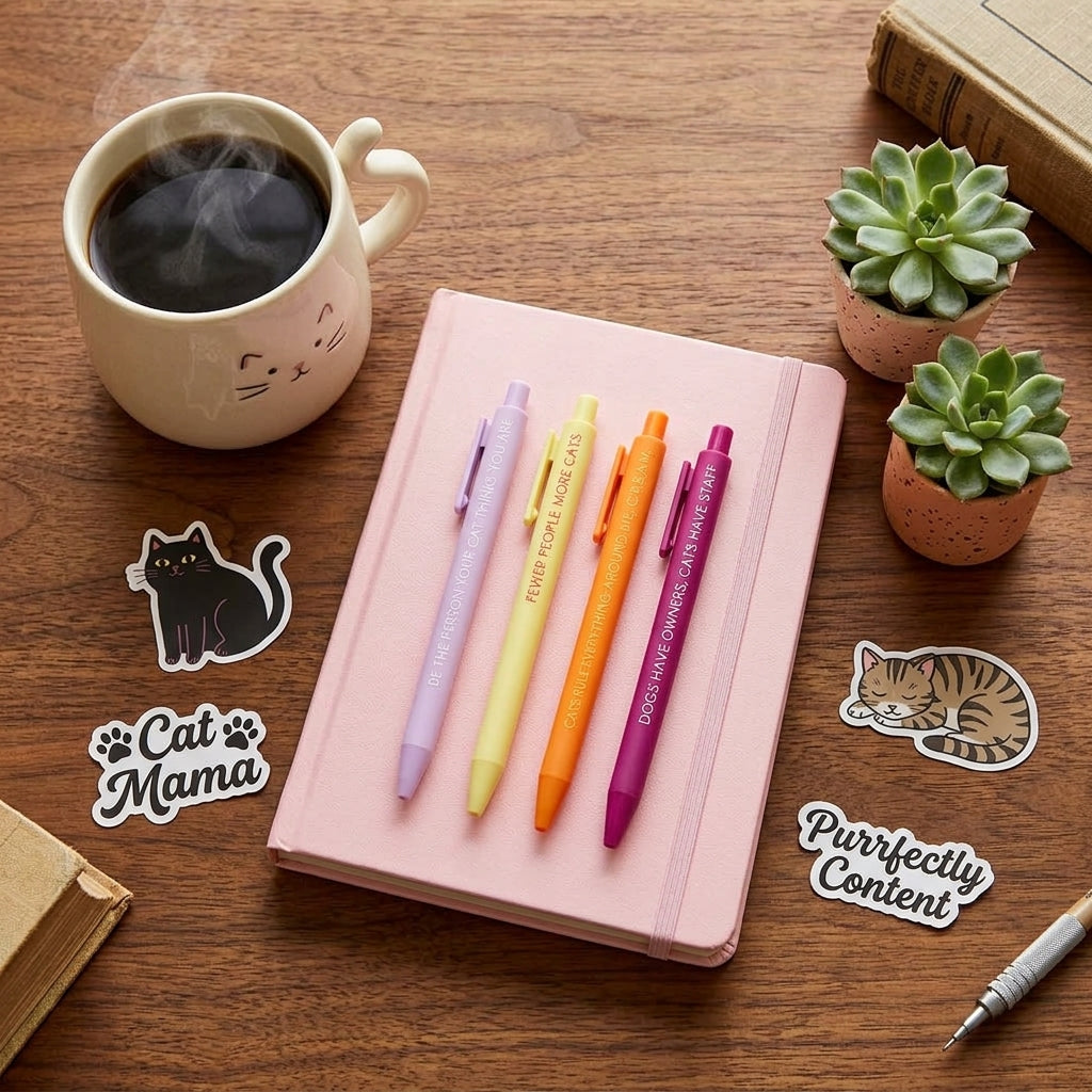 A styled flat-lay on a wooden desk featuring a pink notebook with four colorful pens (lavender, yellow, orange, and magenta) on top. The scene is surrounded by a steaming coffee mug, succulent plants, cat-themed stickers, and a pen.